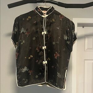 Vintage Asian Style Silk Floral Embroidered Black Blouse